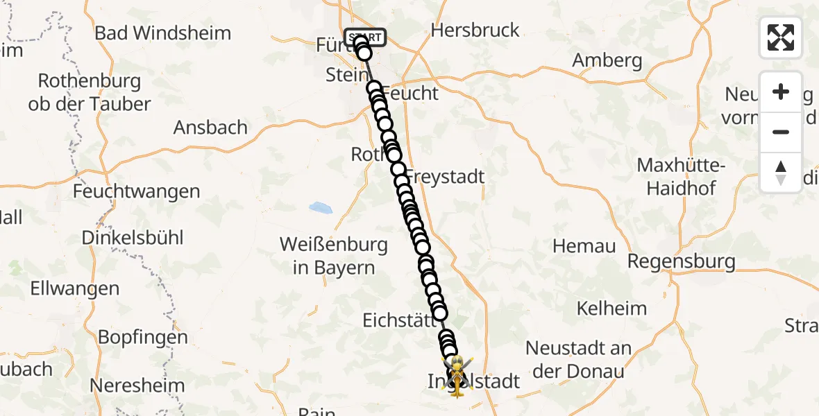Flugroute Ambulanzhubschrauber Nuremberg Airport - Ingolstadt Hospital, 14 März 2026, 17:51