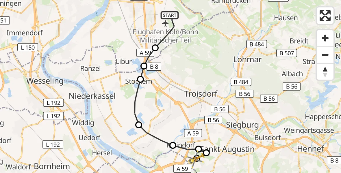 Flugroute Rettungshubschrauber Cologne Bonn Airport - Sankt Augustin, 14 März 2026, 18:02