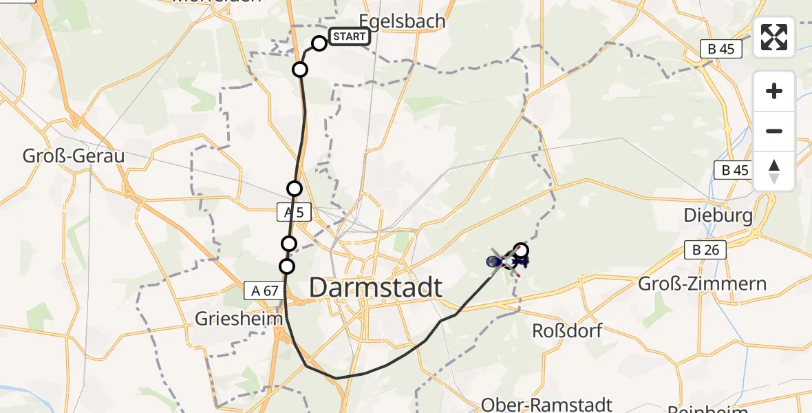 Flugroute Polizeihubschrauber Frankfurt-Egelsbach Airport - Darmstadt, 14 März 2026, 18:27