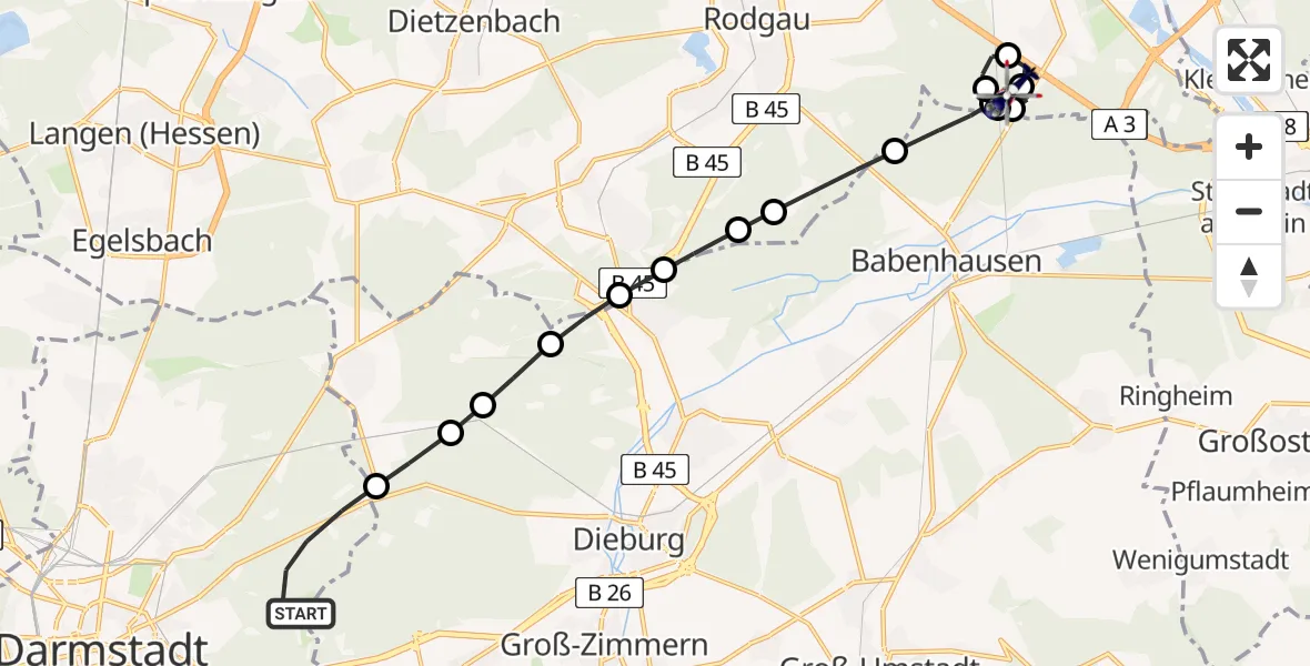 Flugroute Polizeihubschrauber Darmstadt - Zellhausen, 14 März 2026, 18:44