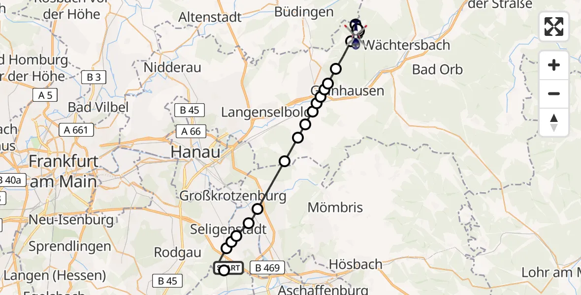 Flugroute Polizeihubschrauber Zellhausen - Breitenborn, 14 März 2026, 18:59
