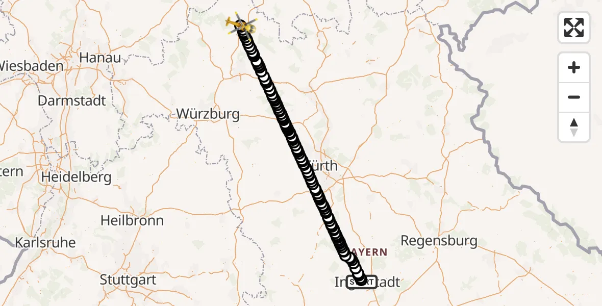 Flugroute Ambulanzhubschrauber Ingolstadt Hospital - Bad Neustadt an der Saale Hospital, 14 März 2026, 19:05