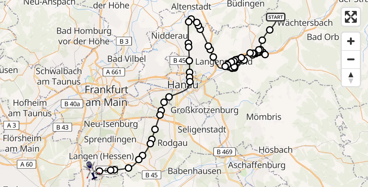 Flugroute Polizeihubschrauber Breitenborn - Frankfurt-Egelsbach Airport, 14 März 2026, 19:19