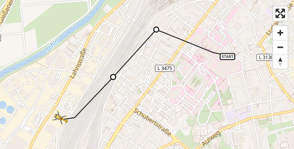 Flugroute Rettungshubschrauber Gießen University Hospital - Gießen, 14 März 2026, 19:44