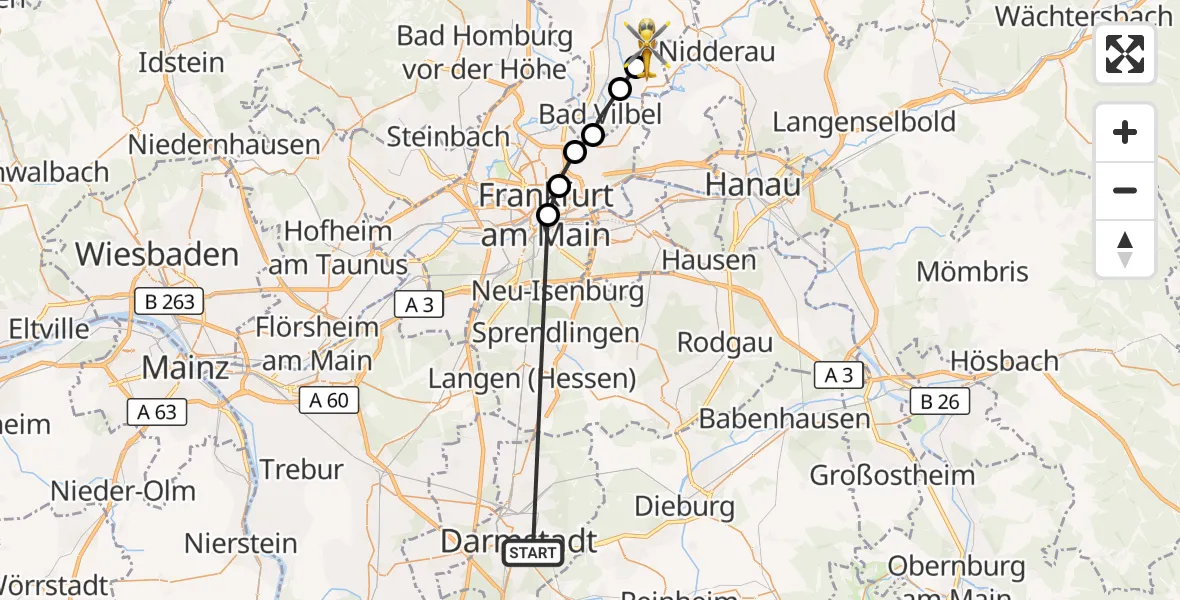 Flugroute Ambulanzhubschrauber Darmstadt - Klein-Karben, 14 März 2026, 20:27