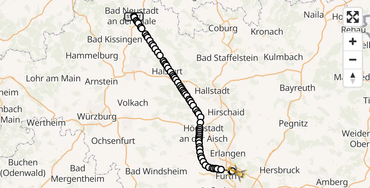 Flugroute Ambulanzhubschrauber Bad Neustadt an der Saale Hospital - Nuremberg Airport, 14 März 2026, 20:41