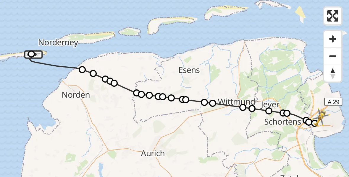 Flugroute Rettungshubschrauber Juist Airport - Wilhelmshaven, 14 März 2026, 22:19