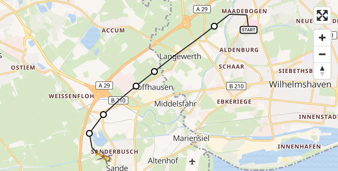 Flugroute Rettungshubschrauber Wilhelmshaven - Sande, 14 März 2026, 23:06