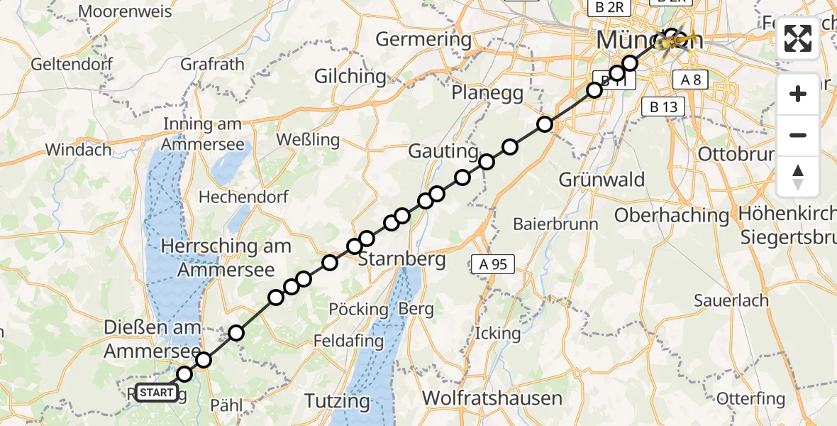 Flugroute Ambulanzhubschrauber Sölb - Rechts der Isar University Hospital, 15 März 2026, 00:08