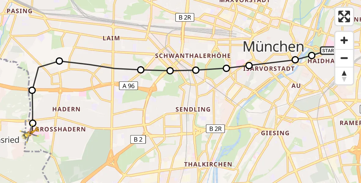 Flugroute Ambulanzhubschrauber Rechts der Isar University Hospital - DRF Air Rescue München Heliport, 15 März 2026, 00:43