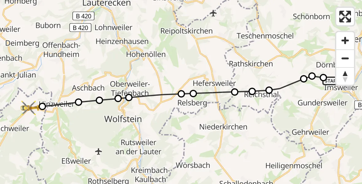 Flugroute Rettungshubschrauber Imsweiler UL - Horschbach, 15 März 2026, 06:21