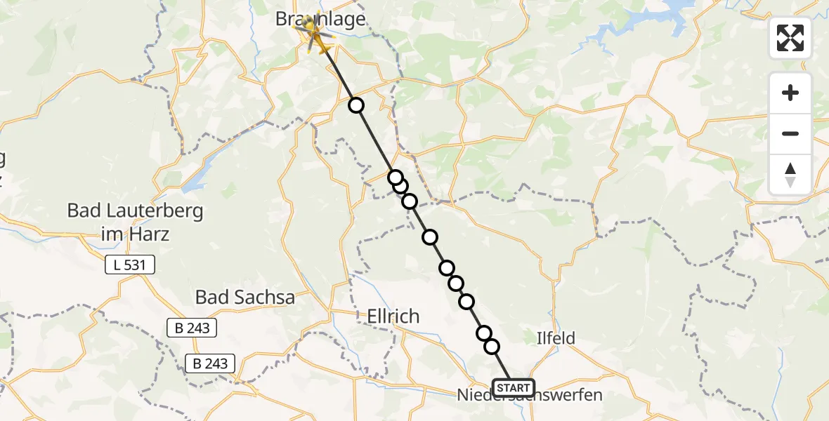 Flugroute Rettungshubschrauber Niedersachswerfen - Braunlage, 15 März 2026, 06:58