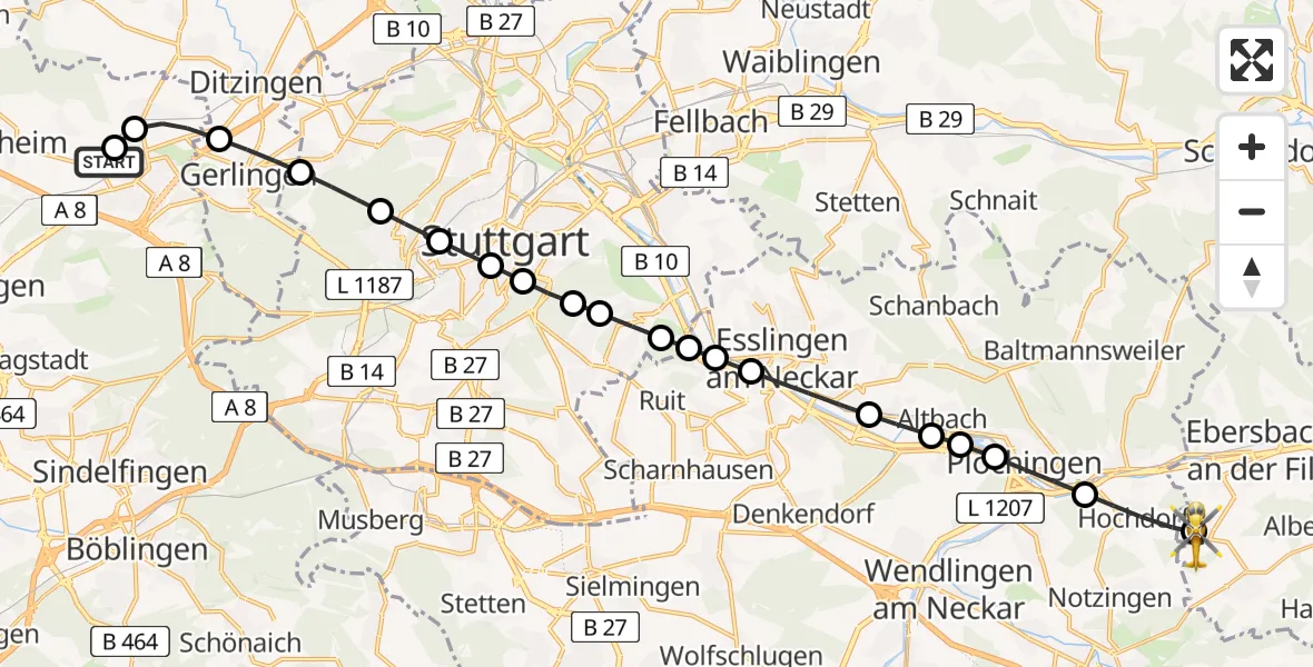 Flugroute Rettungshubschrauber Leonberg Hospital - Ebersbach an der Fils, 15 März 2026, 06:59