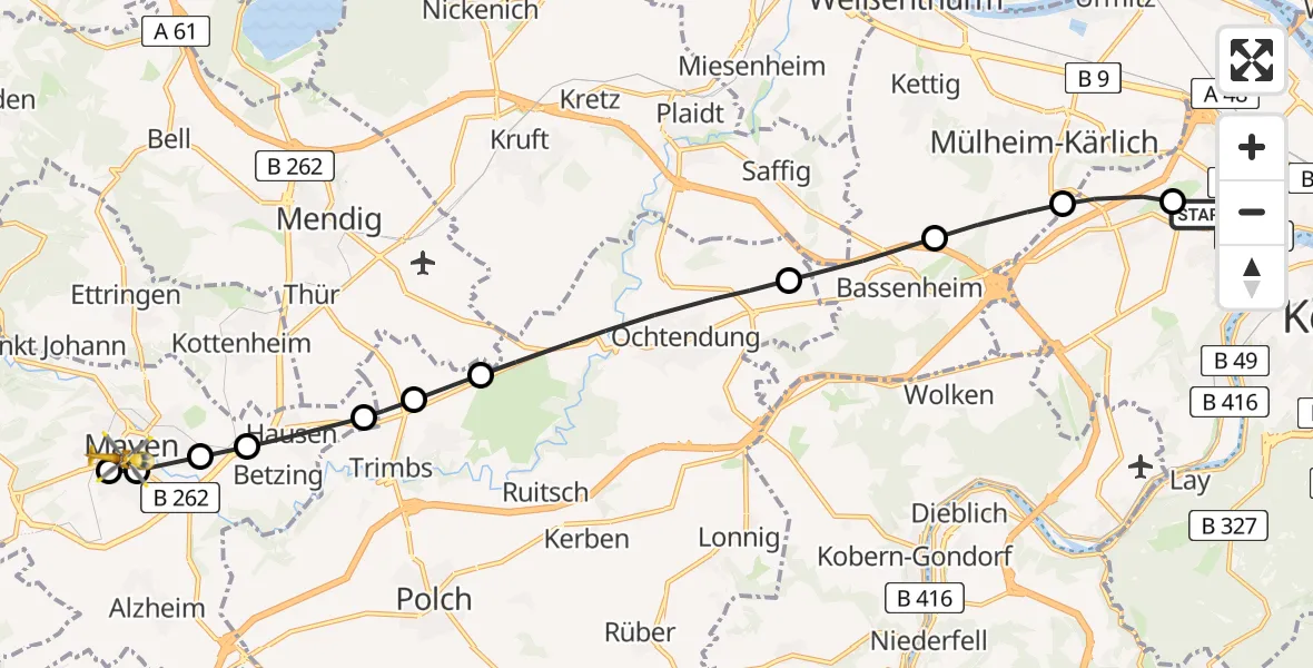 Routekaart van de vlucht: Rettungshubschrauber nach Mittlerhein Community Hospital Sankt Elisabeth Mayen Heliport