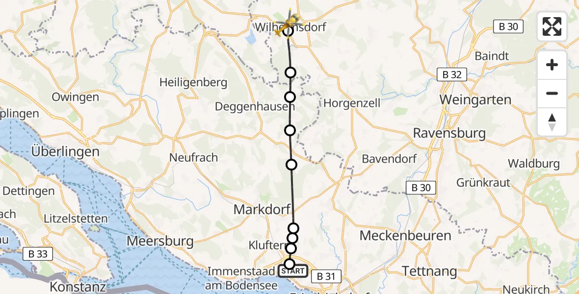 Flugroute Rettungshubschrauber Friedrichshafen Hospital - Niederweiler, 15 März 2026, 07:04