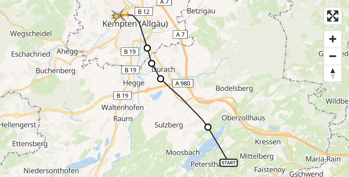 Flugroute Rettungshubschrauber Burgkranzegg - Kempten (Allgäu), 15 März 2026, 07:10