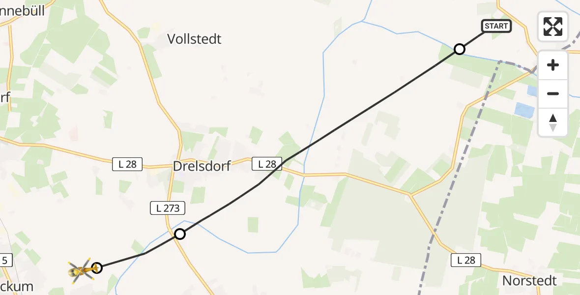 Flugroute Rettungshubschrauber Kolkerheide - Almdorf, 15 März 2026, 07:15