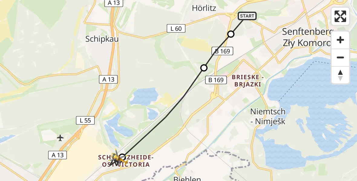 Flugroute Ambulanzhubschrauber Senftenberg - Schwarzheide, 15 März 2026, 07:28