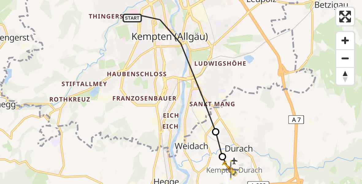 Flugroute Rettungshubschrauber Kempten (Allgäu) - Kempten-Durach Airfield, 15 März 2026, 07:33