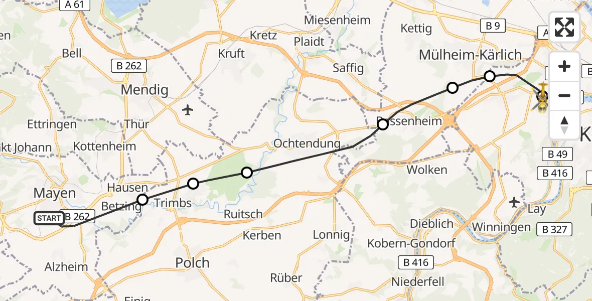 Routekaart van de vlucht: Rettungshubschrauber nach Koblenz, Rübenacher Straße