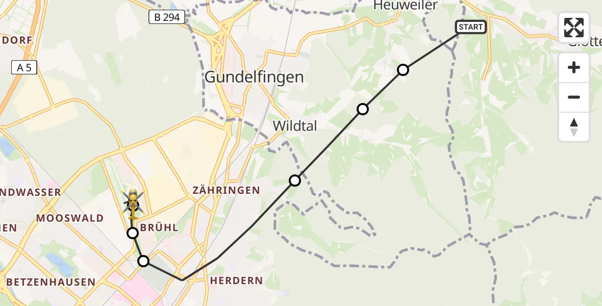 Flugroute Rettungshubschrauber Glottertal - Freiburg im Breisgau Airfield, 15 März 2026, 07:55