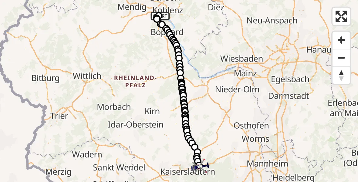 Flugroute Polizeihubschrauber Koblenz-Winningen Airfield - Enkenbach-Alsenborn, 15 März 2026, 08:11