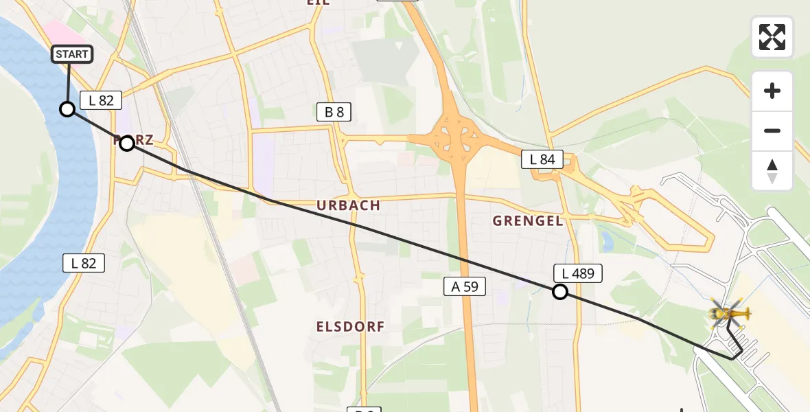 Flugroute Ambulanzhubschrauber Porz am Rhein Hospital - Cologne Bonn Airport, 15 März 2026, 08:13