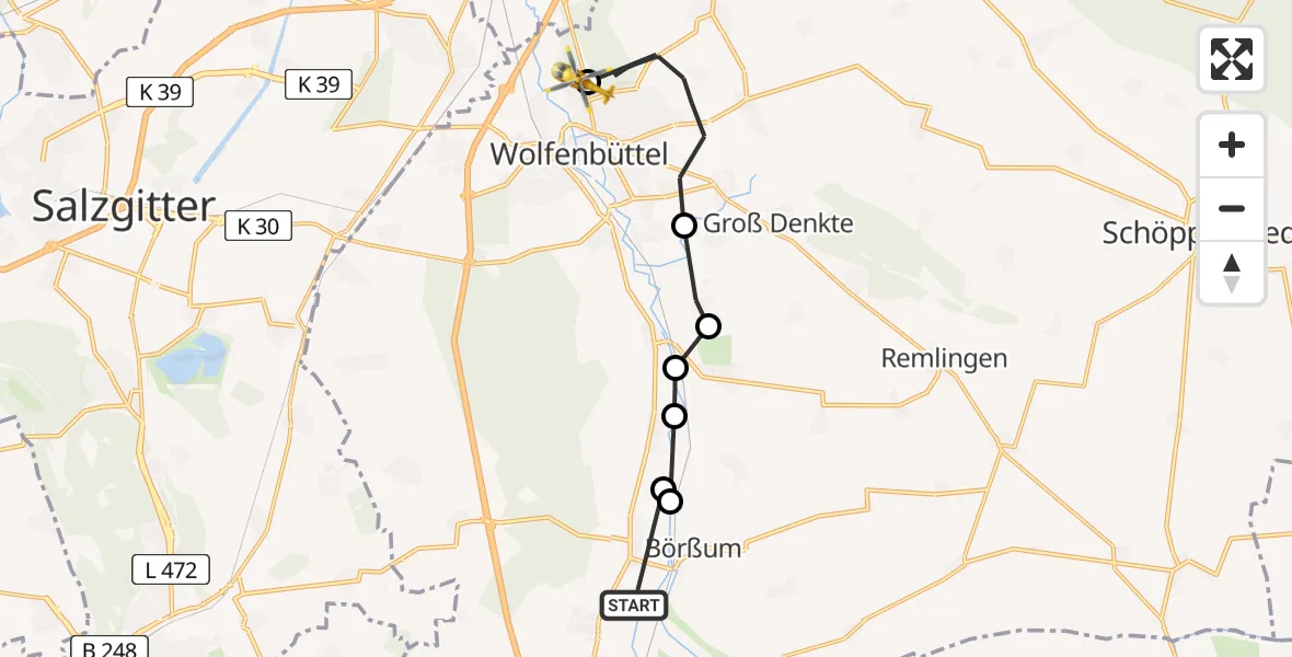 Flugroute Rettungshubschrauber Heiningen - Wolfenbüttel Municipal Hospital Heliport (Christoph 30), 15 März 2026, 08:15