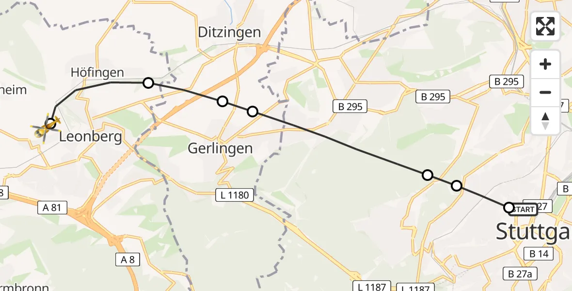 Flugroute Rettungshubschrauber Stuttgart - Leonberg Hospital, 15 März 2026, 08:35