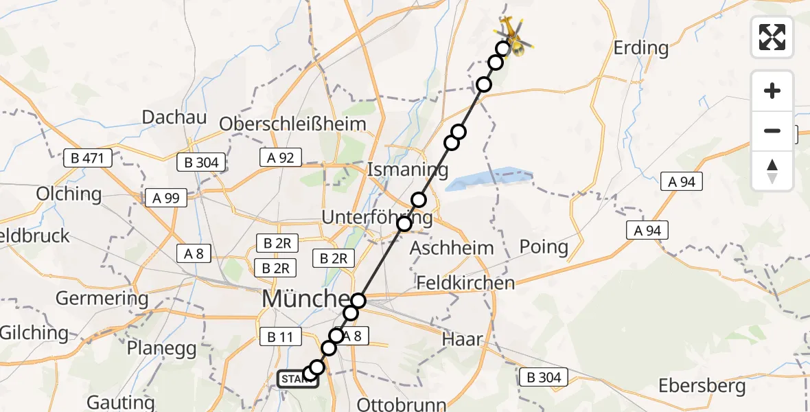 Flugroute Rettungshubschrauber ADAC Air Rescue Center Heliport (Christoph 1) - Oberding, 15 März 2026, 08:39