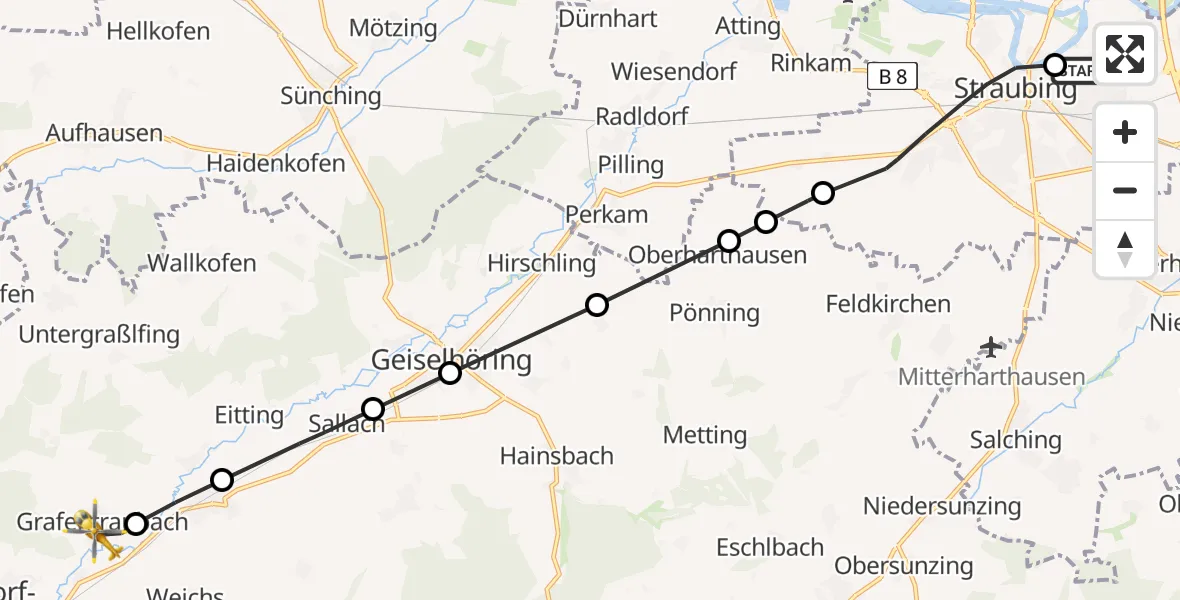 Flugroute Rettungshubschrauber Sankt Elisabeth Hospital Straubing - Grafentraubach, 15 März 2026, 09:01