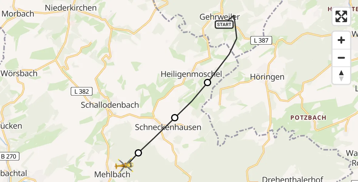 Routekaart van de vlucht: Rettungshubschrauber nach Mehlbach, Scheckersgraben