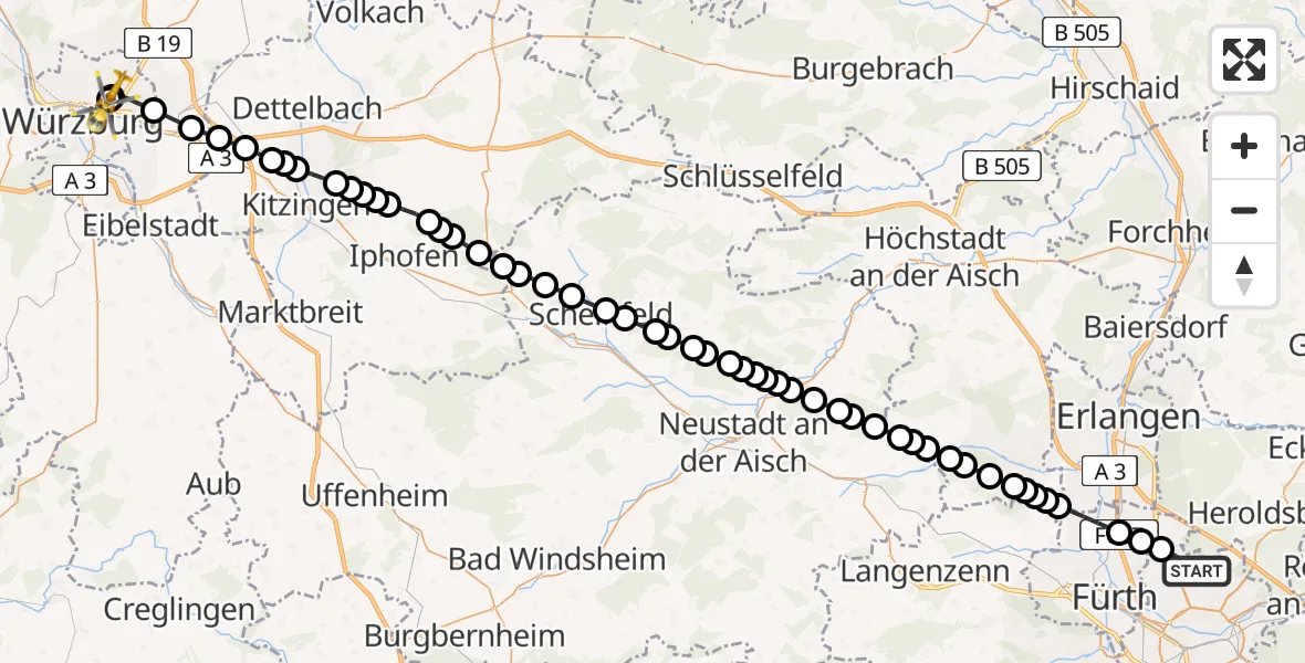 Routekaart van de vlucht: Ambulanzhubschrauber nach Würzburg University Hospital Rooftop