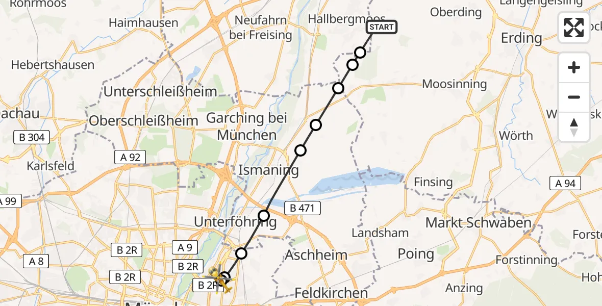 Flugroute Rettungshubschrauber Oberding - München Bogenhausen Hospital, 15 März 2026, 09:23