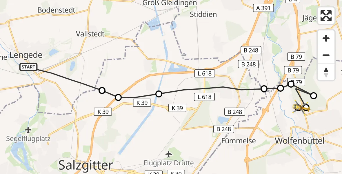 Routekaart van de vlucht: Rettungshubschrauber nach Wolfenbüttel Municipal Hospital Heliport (Christoph 30)