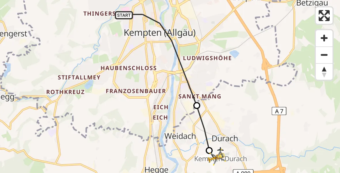Flugroute Rettungshubschrauber Kempten (Allgäu) - Kempten-Durach Airfield, 15 März 2026, 09:39