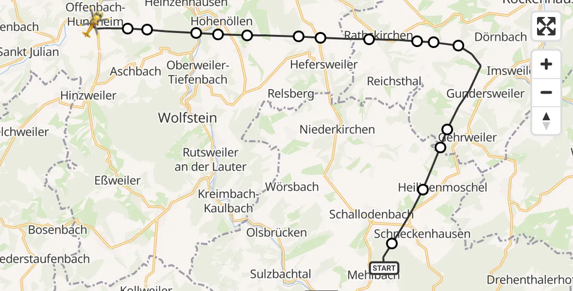 Routekaart van de vlucht: Rettungshubschrauber nach Offenbach-Hundheim, Talstraße