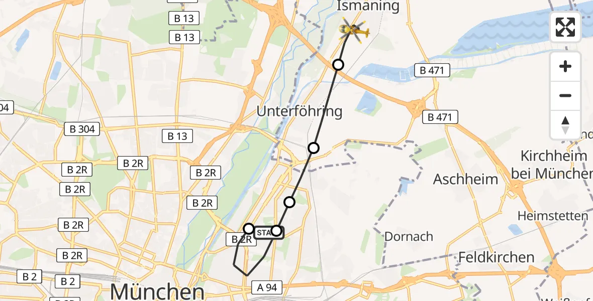 Flugroute Rettungshubschrauber München Bogenhausen Hospital - Ismaning, 15 März 2026, 09:54