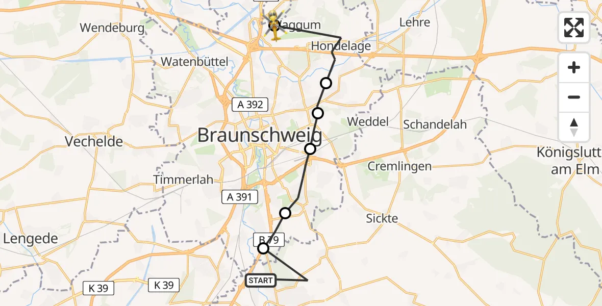 Flugroute Rettungshubschrauber Wolfenbüttel - Wabe-Schunter-Beberbach, 15 März 2026, 10:40