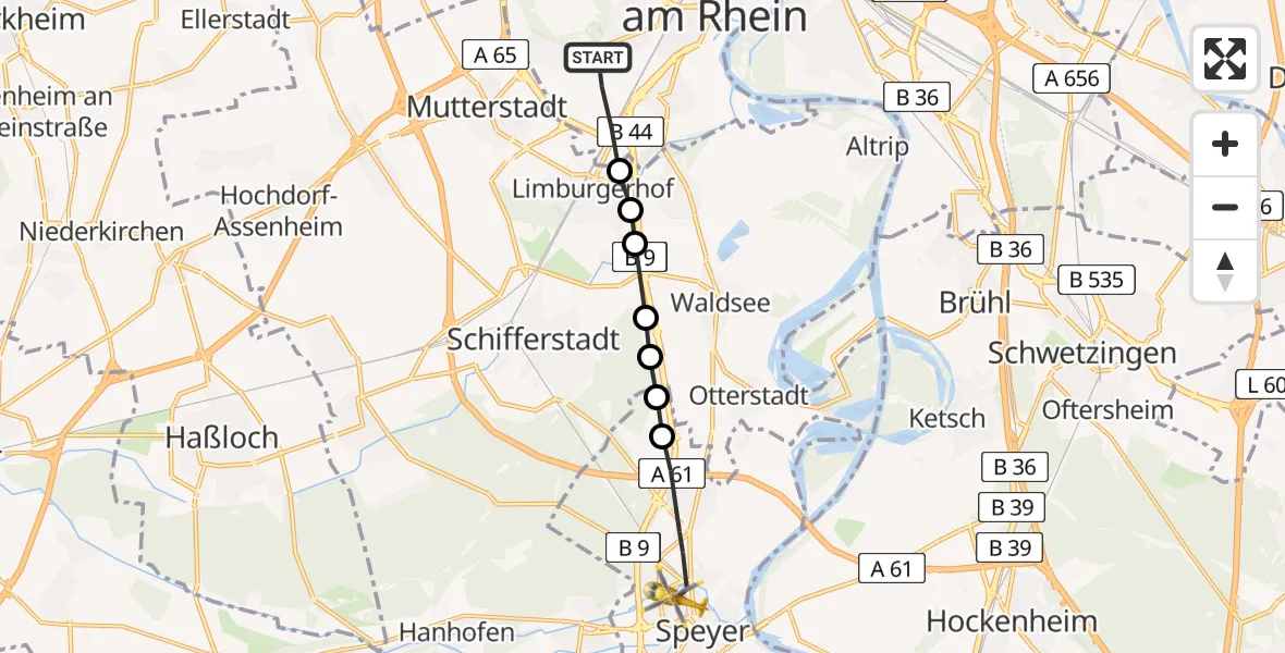 Routekaart van de vlucht: Rettungshubschrauber nach Speyer, Christoph-Lehmann-Straße