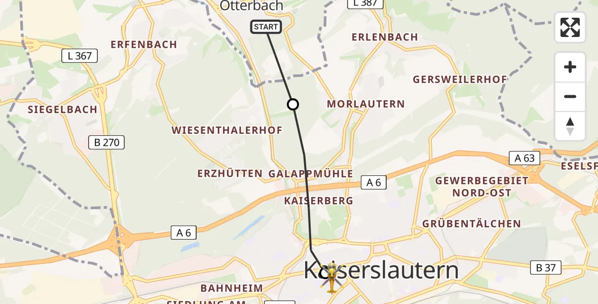 Routekaart van de vlucht: Rettungshubschrauber nach Westpfalz Hospital Kaiserslautern
