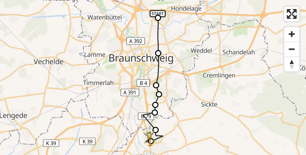 Flugroute Rettungshubschrauber Braunschweig-Wolfsburg Airport - Wolfenbüttel Municipal Hospital Heliport (Christoph 30), 15 März 2026, 11:13