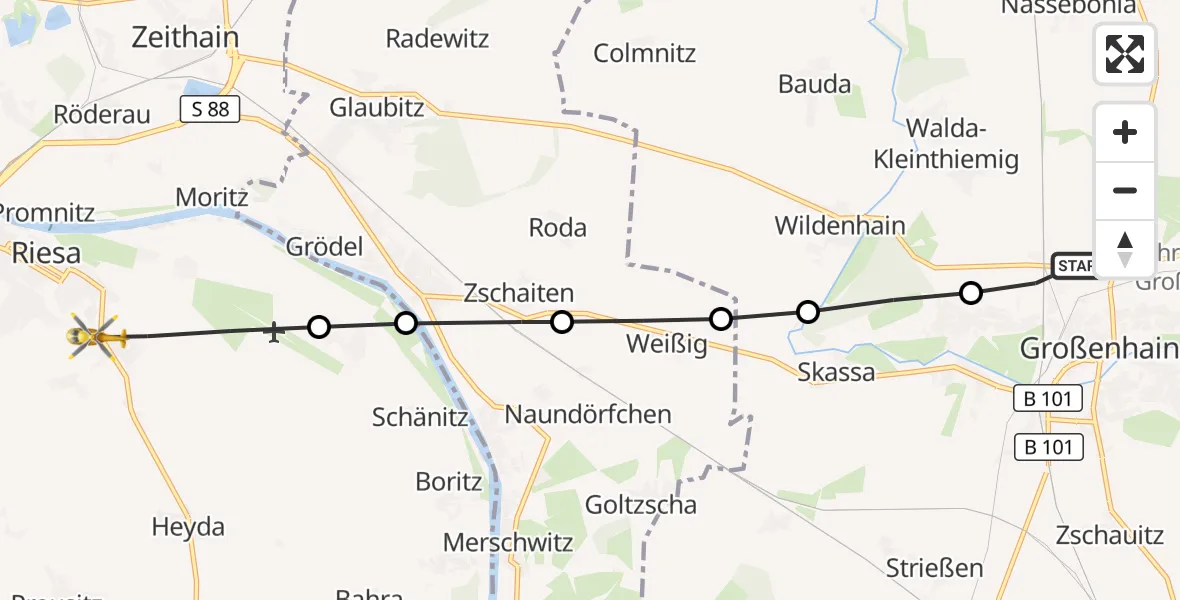Flugroute Rettungshubschrauber Großenhain - Riesa Hospital Heliport, 15 März 2026, 11:24