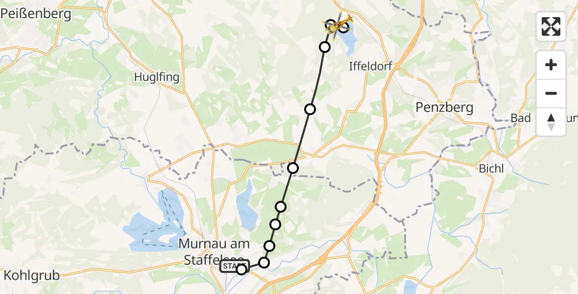 Flugroute Rettungshubschrauber Murnau Accident Hospital - Lauterbacher Mühle am Ostersee Private Hospital Heliport, 15 März 2026, 11:26
