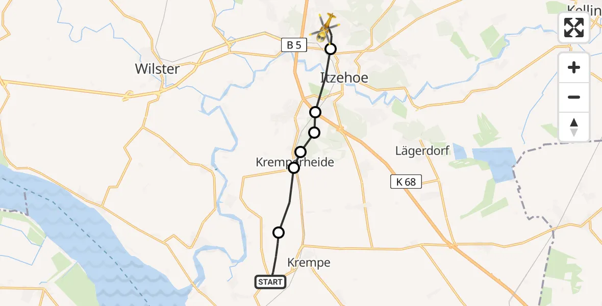 Flugroute Rettungshubschrauber Borsfleth - Itzehoe, 15 März 2026, 11:32
