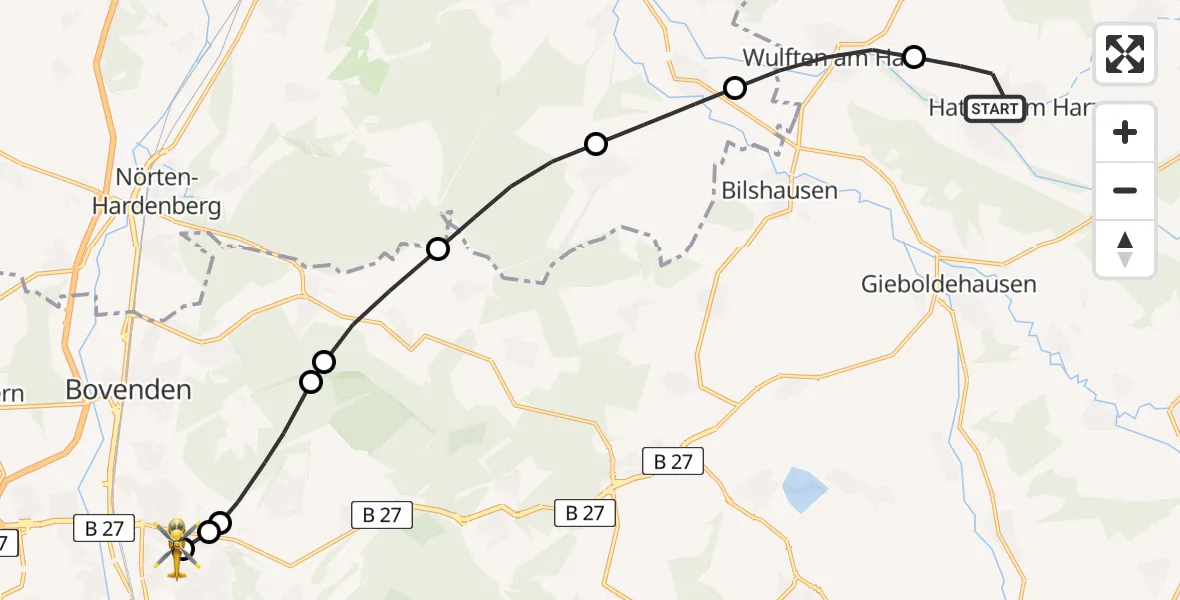 Flugroute Rettungshubschrauber Hattorf am Harz - Göttingen University Clinic Heliport, 15 März 2026, 11:32