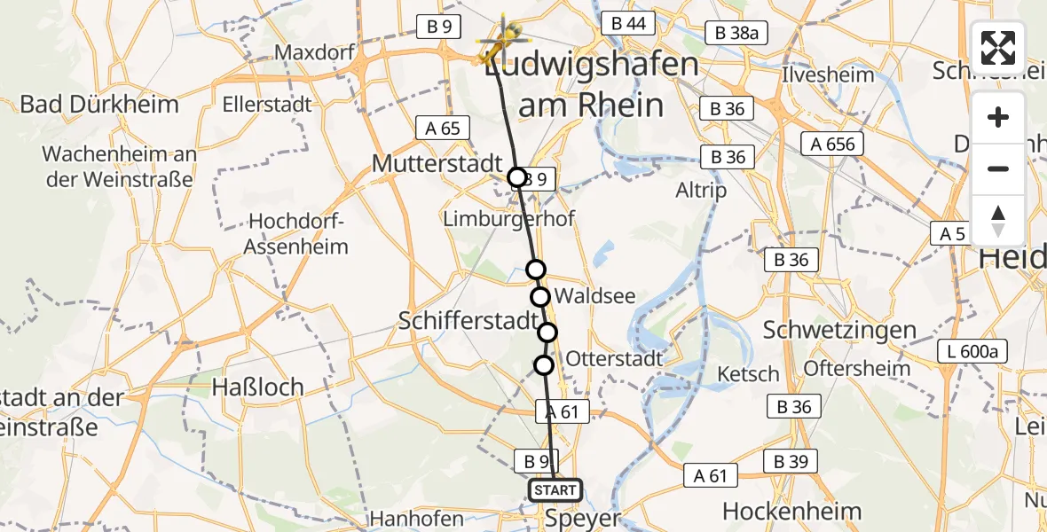 Routekaart van de vlucht: Rettungshubschrauber nach Ludwigshafen Accident Hospital Heliport