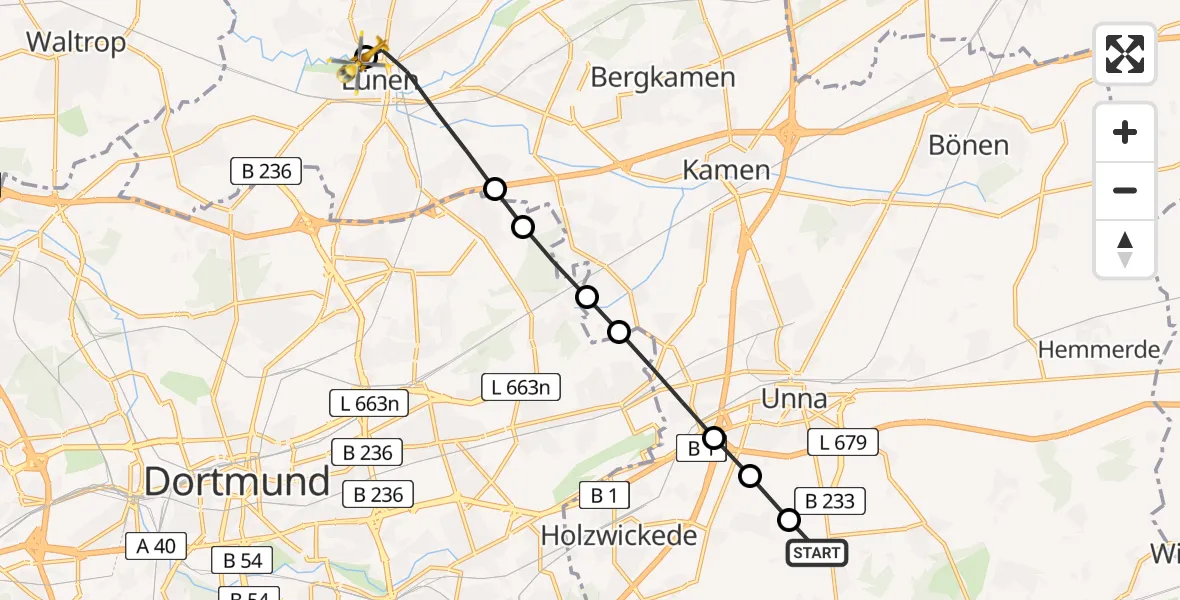 Flugroute Rettungshubschrauber Unna - Sankt Marien Hospital, 15 März 2026, 11:33