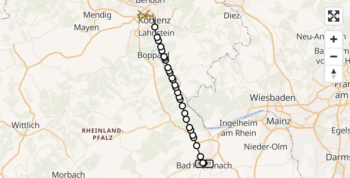 Flugroute Rettungshubschrauber Bad Kreuznach - Koblenz, 15 März 2026, 11:34