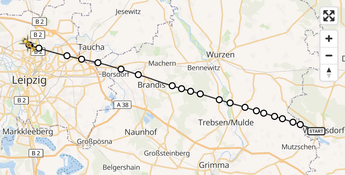 Flugroute Rettungshubschrauber Reckwitz - Sankt Georg Hospital Leipzig Reserve, 15 März 2026, 11:35
